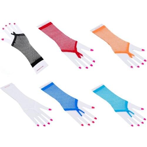 Women Sexy Sheer Punk Long Fingerless Gloves Solid Color Fishnet Disco Dancing Party Mesh Mittens Lace Trim With Finger 6