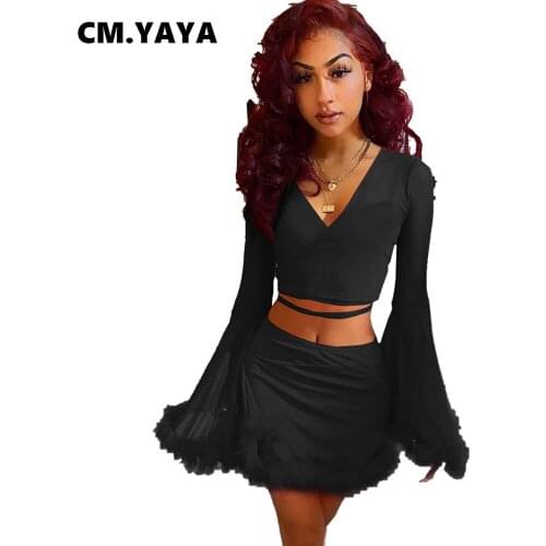 CM.YAYA Women Set Solid Downs Full Flare Sleeve V-neck Bandage Crop Tops Mini Skirts Two 2 Piece Sets Fashion Outfit Summer 2021