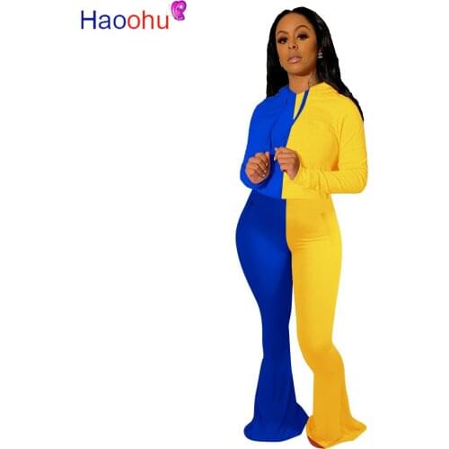 Women Color Block Two Piece Outfit Fall Clothing Long Sleeve Hooded Sweatshirt and Stacked Legging Pant Active Wear Sport Suits