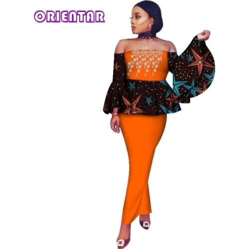 2 Pcs Set Women African Skirts and Tops Set African Clothes for Women Print Slash Neck Blouse Long Skirts African Outfits WY2780