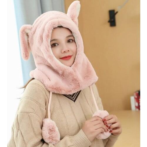 Winter Knit Hat Neck Warmer Fleece Lined Cap for Women Outdoor Warm Long Rabbit Ear Cap -OPK