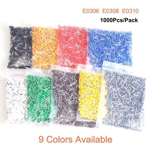 1000Pcs Tube Insulated Cord End Crimp Terminals Electrical Wire Connector E0306 E0308 E0310 Copper Cable Ferrules VE 24AWG