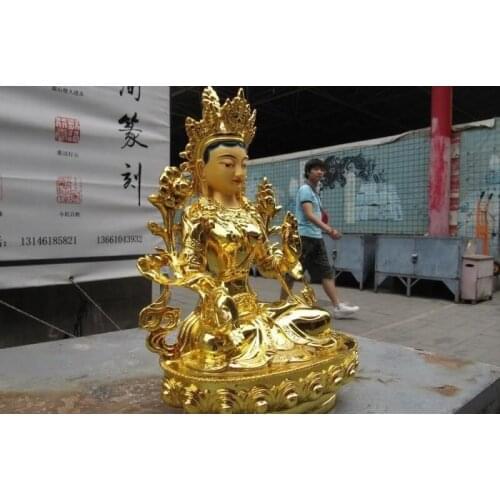 12"Tibet Buddhism Copper gild White Tara Kwan-Yin Guan Yin Goddess Buddha Statue