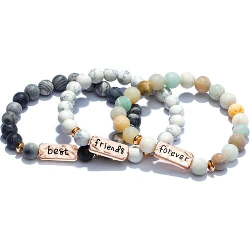 Natural Stone Beaded Bracelets Set Best Friend Forever Bracelets Geometric Rectangle Gold Color Bangle Unisex Fashion Jewelry