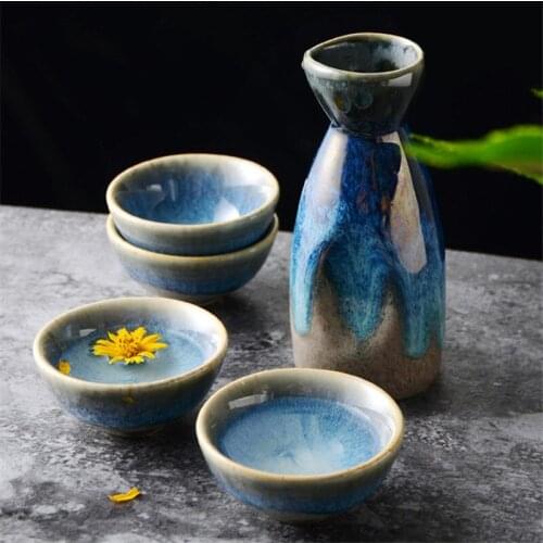 5Pcs/Lot Japanese Retro Sake Set Ceramic Flagon Liquor Cup 1 Bottle + 4 Cups Creative Home White Wine Pot Bar Drinkware Gifts