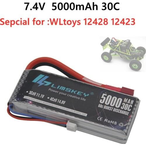 Limskey New Version Good Quality Rc Lipo Battery 7.4V 5000mah 2S 30C Max 60C for Wltoys 12428 12423 1:12 RC Car Spare parts