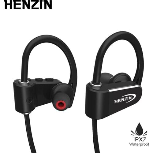 HENZIN Bluetooth Earphone Waterproof IPX7 Wireless Sports Headphone HiFi Stereo Ear-hook Headset Running With Mic Earphones