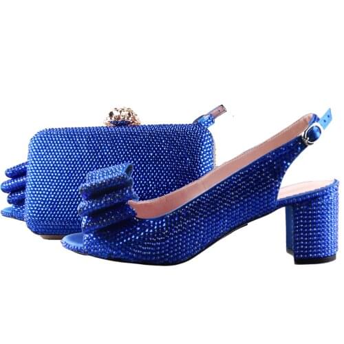 BS1189 Custom Made royal Blue Stones Crystal Shoes And Bag Set Slingbacks Block Low Heel Women Bridal wedding Shoes
