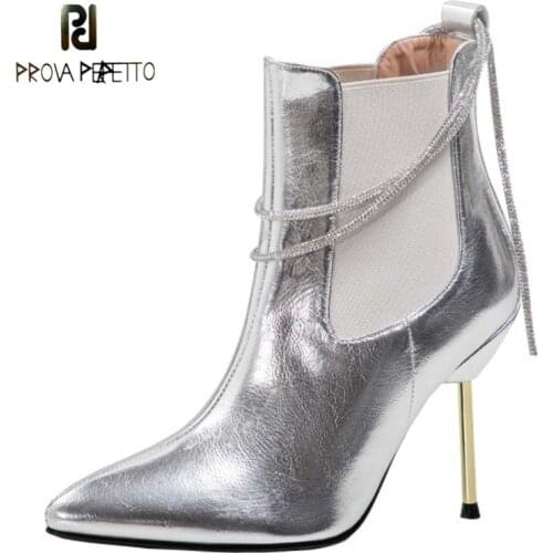 Cowhide Stitching Elastic Band New Fashion Temperament Short Boots Rhinestone Chain Pointed Metal Stiletto Martin Boots