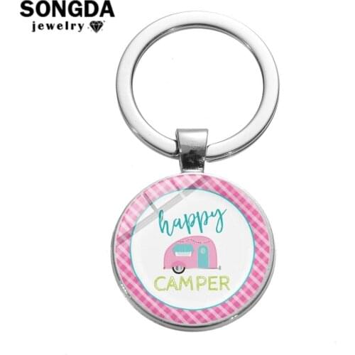 SIAN 2019 Happy Camper Keychain Hippie Cartoon Travel Car Key Chain Holder Handicrafts Glass Photo Cabochon Key Ring Accessories