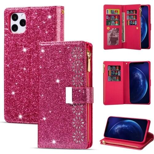 Zipper Glitter Flip Leather Case For iPhone 11 Pro Max 6 6s 7 8 Plus SE 2020 Cards Wallet Cover For XS Max X 10 XR Phone Cases