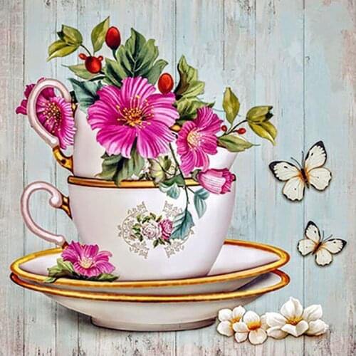 Flower Butterfly in Teacup Diamond Painting Round Full Drill Floral Nouveaute DIY Mosaic Embroidery 5D Cross Stitch Home Decor