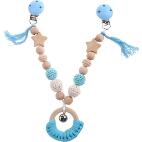 Wooden Teether Baby Pram Chain Crochet Pacifier Baby Teething Toy Stroller Decor Silicone Baby Teether Pacifier Chain