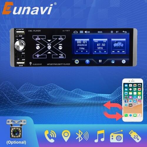Eunavi 1 Din Car MP5 4.1'' MP5 Player HD Smart AI Voice Function Suppport FM AM RDS Rear Input Subwoofer Output Universal Radio