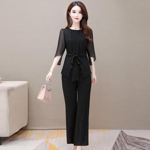 2-piece Black stripe fashion womens middle Sleeve Chiffon shirt straight skirt professional suit