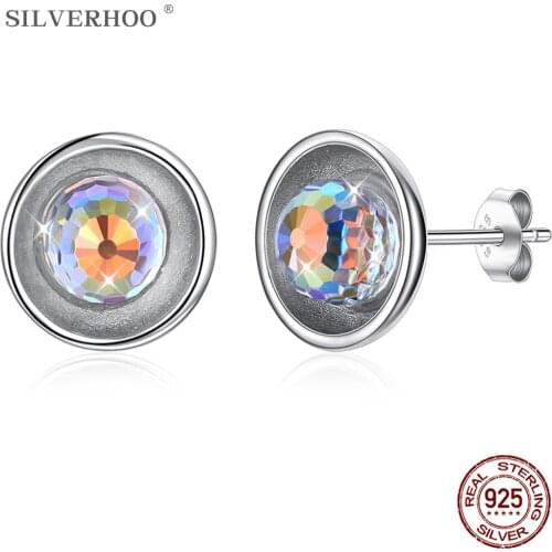 SILVERHOO 925 Sterling Silver Round Earrings For Women Shining Coloful Ball Austria Crystal Anniversary Holiday Gift Hot Selling