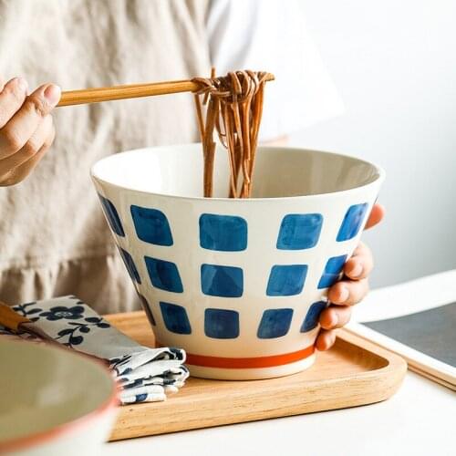 LingAo Japanese household noodle bowl soup bowl ceramic ramen bowl salad bowl Japanese bamboo hat bowl