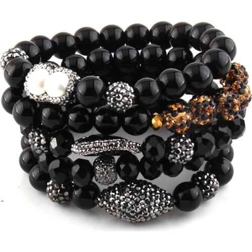 MOODPC Fashion Beautiful 5pc set Black Bracelet Sets Natural Stone & Glass Crystal Pave Bracelets