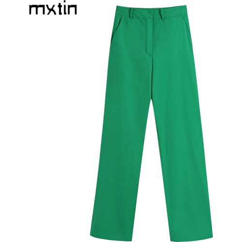 MXTIN 2021 Women Spring Fashion Solid Suit Straight Pants Vintage Zipper Fly Side Pockets Office Lady Wear Female Ankle Trousers