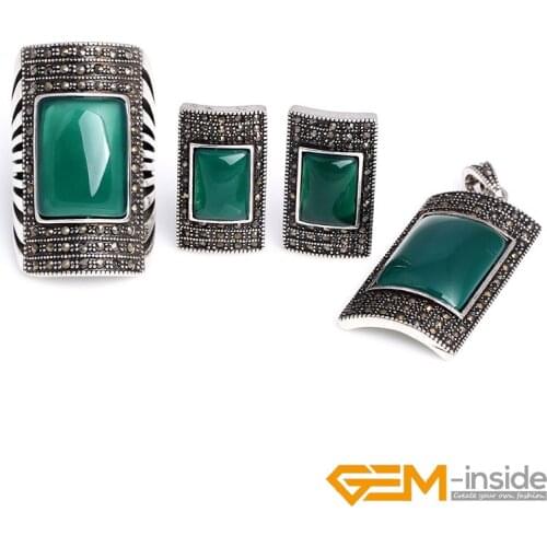 Jewelry Set Gifts For Women Vintage Antiqued Tibetan Silver Jewelry Earring Pendant Ring For Party Natural Shell Green Agates