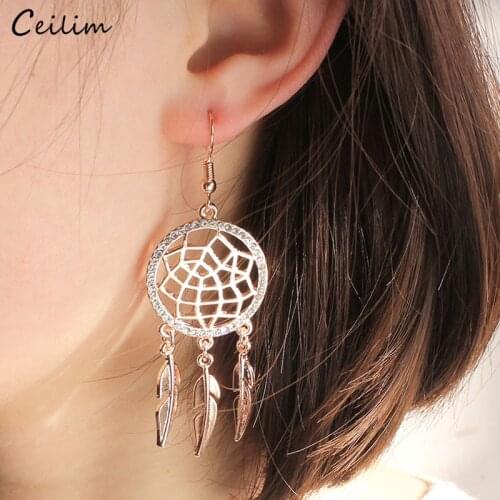 2020 New Dream Catcher Long Earrings Fashion Jewelry Luxury Crystal Rhinestone Hollow Feather Dangle Earring for Women Brinco