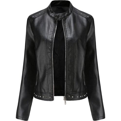 Autumn Pu Faux Leather Jacket For Women Long Sleeve Fashion Rivets Casual Biker Motorcycle Outwear Female Slim Black Jacket Coat