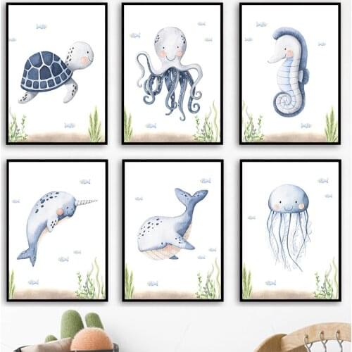 Octopus Whale Dolphin Jellyfish Marine Life Wall Art Canvas Painting Nordic Posters And Prints Wall Pictures Kids Room Decor
