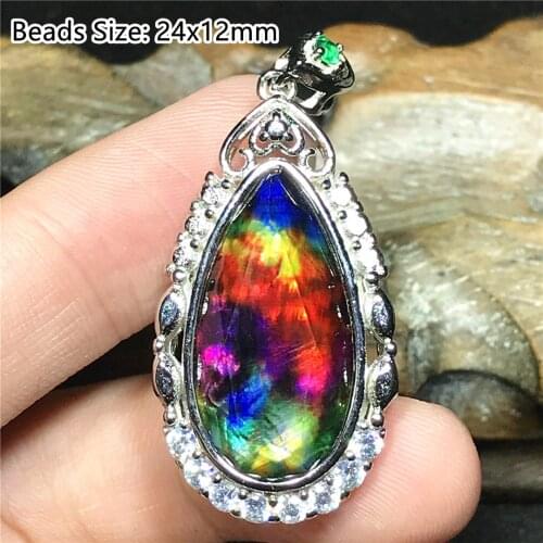 Natural Green Ammonite Ammolite Necklace Pendant Jewelry For Women Man 18x10mm Beads Healing Luck Stone Crystal Silver Gemstone