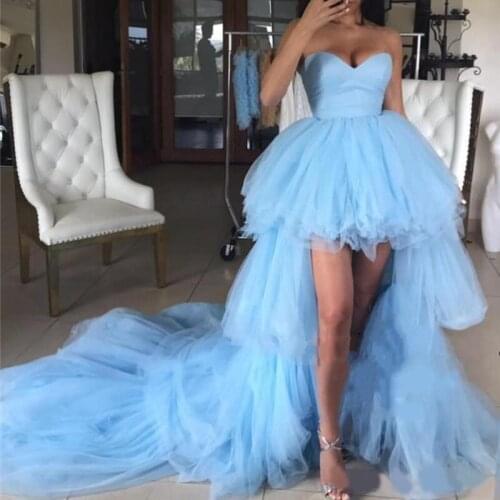 Light Blue High Low Prom Dresses A Line Sweetheart Party Gowns Plus Size Tiered Tulle Cheap Arabic African Formal Evening Dresse