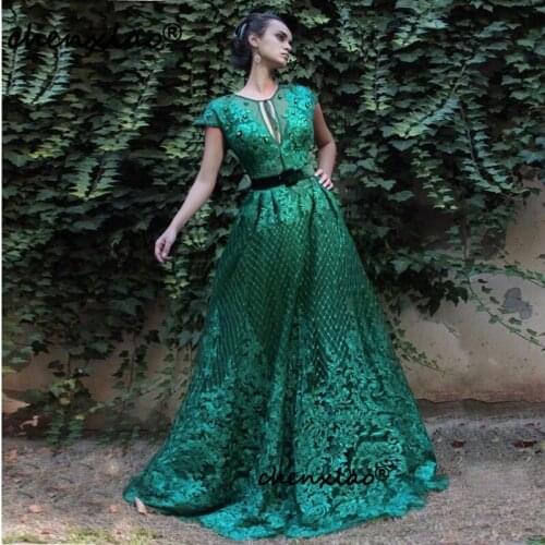 Vintage Green Evening Dresses Short Sleeves Appliques Pearls Vestido De Fiesta Special Occasion Robe De Soiree With Belt