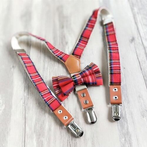 YSMILE Y Fashion Children Plaid Suspenders 3Clips Bow Tie Set Kids Baby Braces Y-Back Elastic Adjust England Lattice Suspenders
