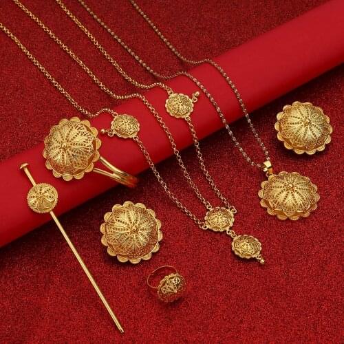 Bright Gold Silver Ethiopian Eritrean Jewelry Sets with Hair Accessories for African Bridal Wedding