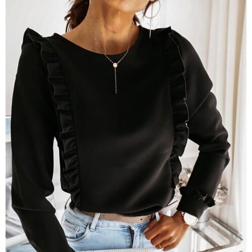 Casual Office Tops For Women Elegant Ruffles Splicing Solid Color Women Blouse Shirts Sexy Long Sleeve Crew Neck Back Button Top