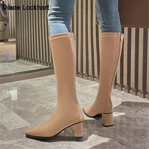 Fashion Woman Boots Square Heel Knee-High Classic Square Toe Boots PU Leather Zip Boots Party Dress Dance Shoes Botas mujer32-43