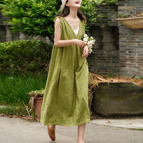 Johnature Women Vintage Sleeveless Dresses A-Line V-Neck Cotton Linen Robes 2021 Summer New Loose Patchwork Lace Female Dress