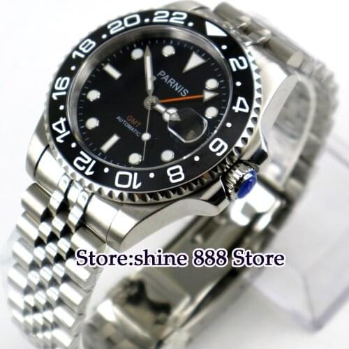40mm PARNIS black dial ceramic bezel GMT Sapphire glass automatic mens watch