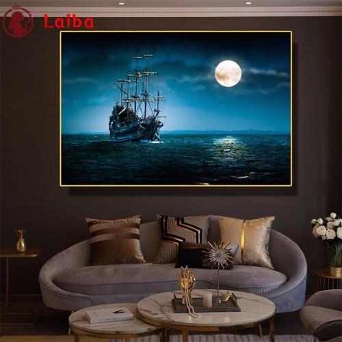 Diamond Mosaic Moon, sea sailing landscape Picture Of Rhinestone Diamond Painting Cross Stitch Embroidery Needlework Wall Art