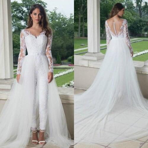 White Jumpsuit 2020 Wedding Dresses With Deatachable Train Long Sleeves Lace Appliqued Bridal Outfit Country Wedding Gowns