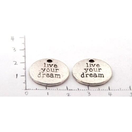Free shipping fashion alloy round "LIVE YOUR GREAM"charm for DIY bracelet,necklace jewelry metal beads double side letter charm