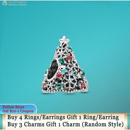 Ahthen 925 Sterling Silver Glitter Christmas Tree Charm fit Original Pandora Bracelets for Women Jewelry Making Birthday Gift