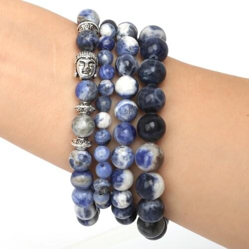 Hot Sale 6mm/8mm/10mm Natural Stone Bracelets Bangles with Blue Stripe Beads 19cm Elastic Rope for Men and Women Fashion Jewelry