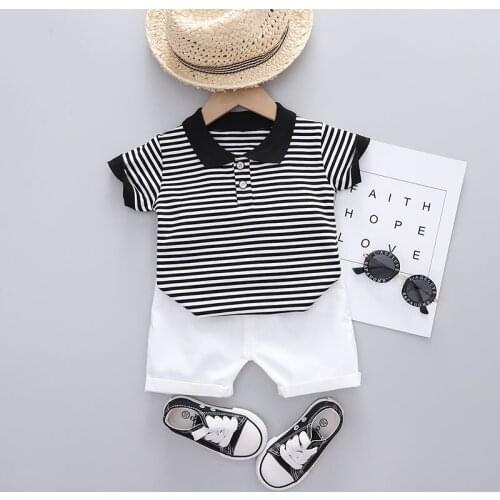 Children Cotton Clothes Baby Boys Lapel Strips Cartoon T Shirt Shorts Pants 2Pcs/sets Infant Kids Toddler Tracksuits 0-5 Years