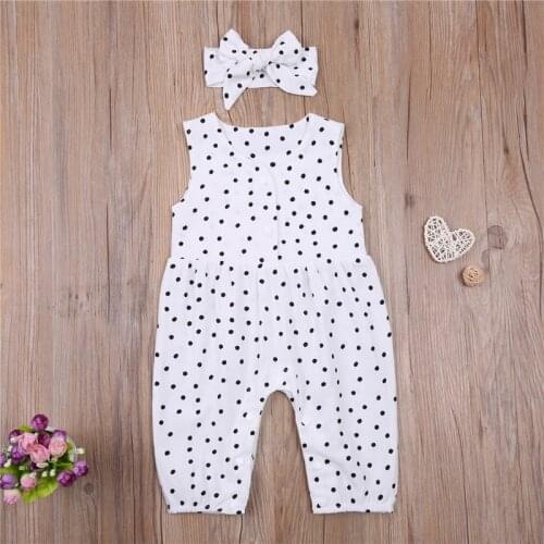 Baby Girl Summer Romper Polka Dot Print Sleeveless Jumpsuit Bow Headband Toddle Fashion White/Pink Clothing