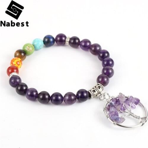 Women Men Natural Stone 7 Chakras Amethysts Bracelets 8mm Beads Tree of Life Charm Turquoises Bangle Yoga Healing Reiki Jewelry