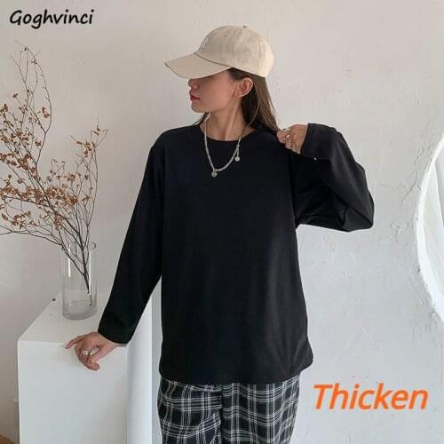 Long Sleeve T-shirts Women Plus Velvet Thicken Simple Tees Womens All-match Casual Chic Ins Trendy Daily Tops Warm Soft Stylish