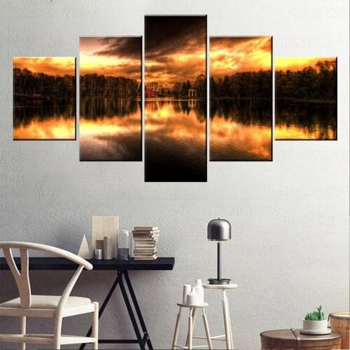 Evening Lake Reflection Sky Coast Wood House Painting Modern Home Decorative Wall 5 Piece Modular Combinatorial Art Picture