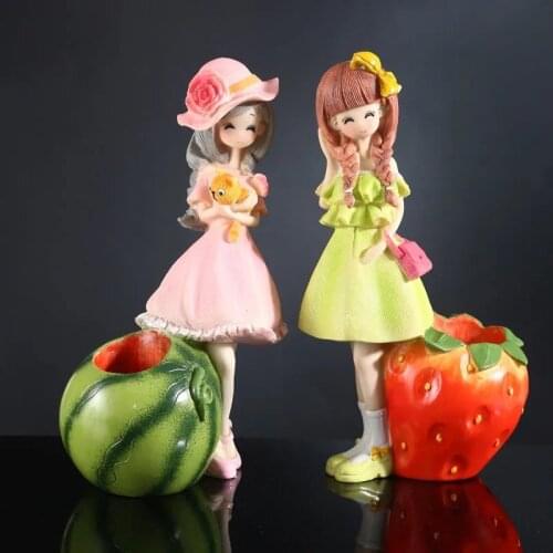 Kawaii Fruit Girl Resin Crafts Figurines Cute Watermelon Lemon Strawberry Girl Fruit Doll Ornaments Birthday Gifts Home Decor