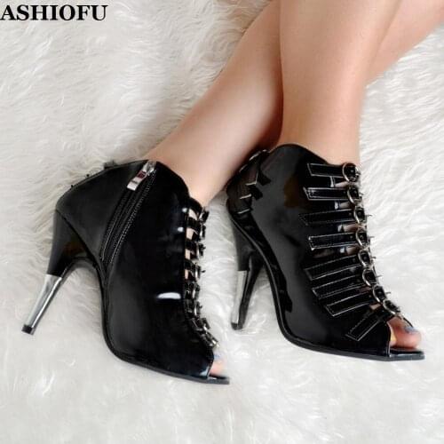 ASHIOFU Handmade Classic Ladies High Heel Pumps Buckle Straps Patent Leather Party Dress Shoes Peep-toe Evening Fashion Shoes