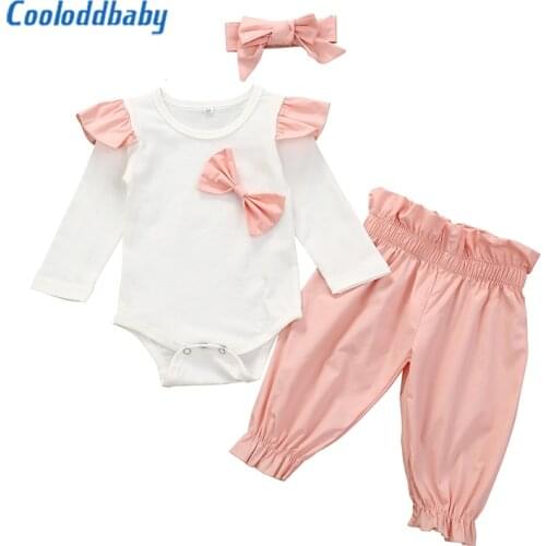 Newborn Infant Baby Girl Clothes Set Cute Bow Solid Color Tops Pink Pants Headband 3 Pcs Toddler Girls Autumn Clothing Outfits