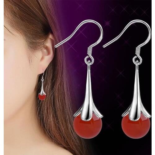 Fashion Trumpet Flower Faux Moonstone Long Dangle Women Hook Earrings Jewelry 2020